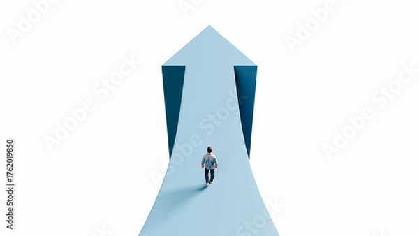 Fototapeta Man walking on upward forward arrow path to success achievement progress growth and business victory corporate concept, 3d render