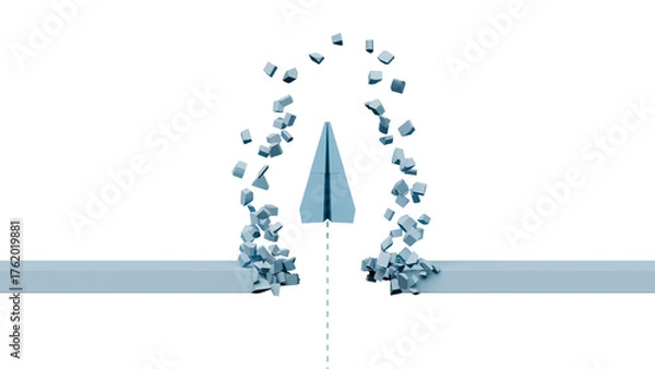 Fototapeta Paper plane breaking through barrier wall with chunks flying, breakthrough innovation success and obstacle destruction business concept, 3d render