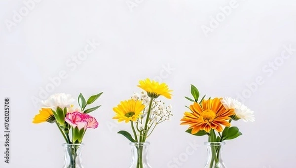 Fototapeta Three small bouquets of colorful wildflowers in clear glass vases against a white background