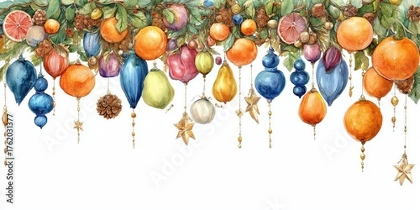 Fototapeta beautiful artful water illustration , dreamy Christmas garland , ornaments with floral, clipart isolated on white background