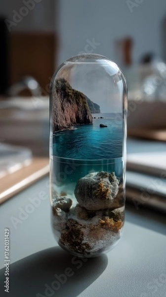 Fototapeta summer sea capsule on table, ocean view in capsule 