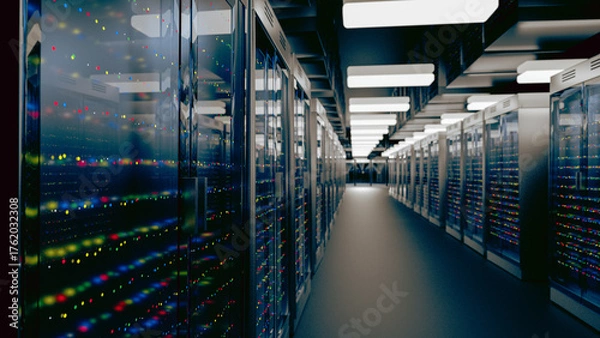 Fototapeta Server. Server data center. Backup, mining, hosting, mainframe, farm and computer rack with storage information. 3d rendering