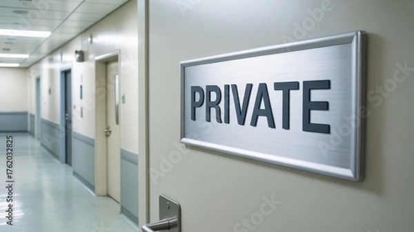 Fototapeta Private healthcare consultation session concept. Hallway entrance with a "Private" sign on a door in a modern interior setting.