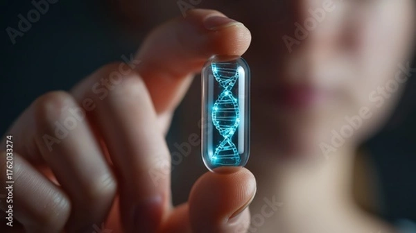 Fototapeta hand holding medical capsule with DNA helix inside 