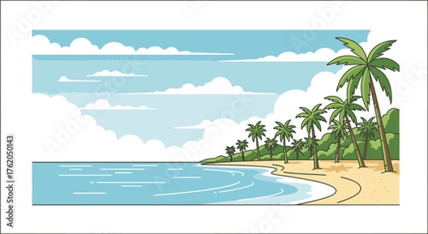 Fototapeta Tropical beach scene with palm trees and turquoise ocean cartoon vector illustration