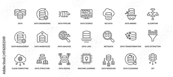 Fototapeta Data Icon Set containing data engineering, pipeline, science, big data, data mining, algorithm, management, analysis, metadata and API vector icons