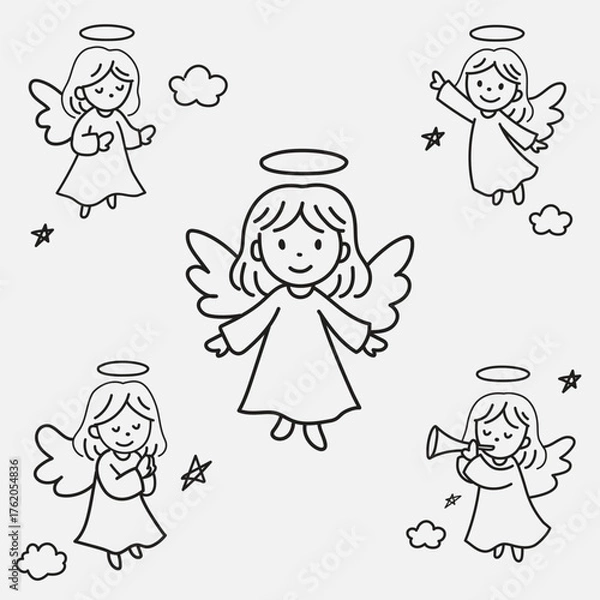 Fototapeta Cute angel doodle collection set. Adorable angels cartoon clip art hand drawn line art style in different pose for asset, design, holiday, poster, children