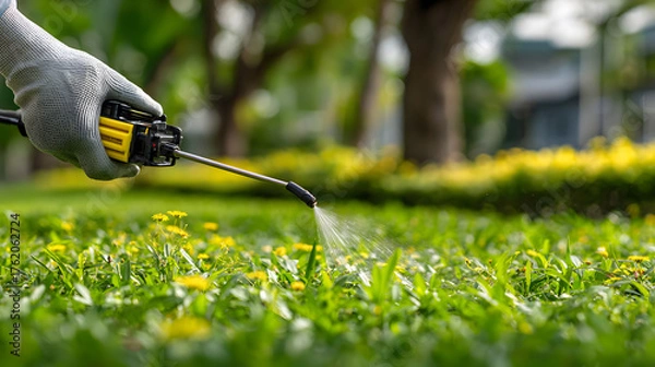 Fototapeta Worker spraying pesticide on a green lawn outdoors for pest control: A close-up viewConcept Pesticide Application Pest Control Green Lawn Close-up Shot Outdoors 05092025Prasanth