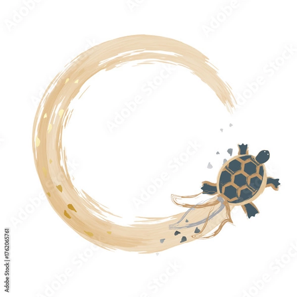 Obraz 正月亀の和風縁起物フレーム枠　長寿　年賀状素材　金色　筆線　