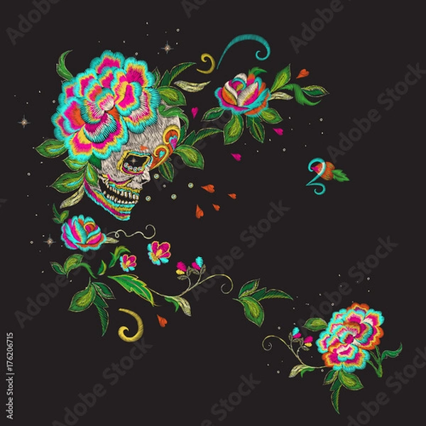Fototapeta Embroidery floral pattern with skull and roses. Vector embroidered mexican patch with flowers for wearing design.