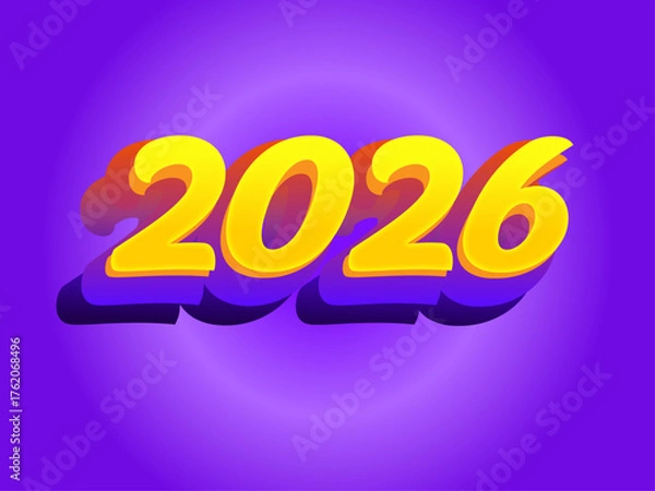 Fototapeta “2026 Purple Yellow Editable 3D Text Effect Vector for Graphic Design”