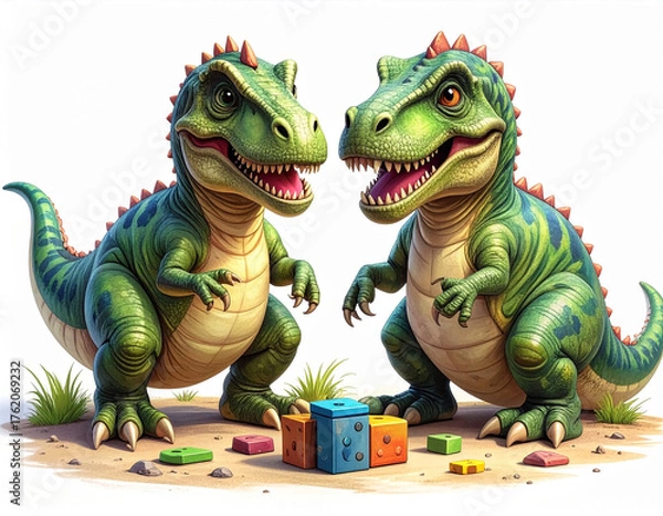 Obraz かわいい恐竜のキャラクターが積み木のおもちゃで遊ぶ、子供向けの楽しいイラスト。2匹のTレックスが仲良く遊ぶ姿は、友情や知育のイメージに最適です。白背景の3D CGで描かれた、笑顔の古代生物ファンタジー。