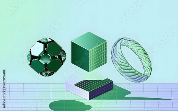 Obraz Isometric Geometric Shapes Composition on Gradient Background Isolated