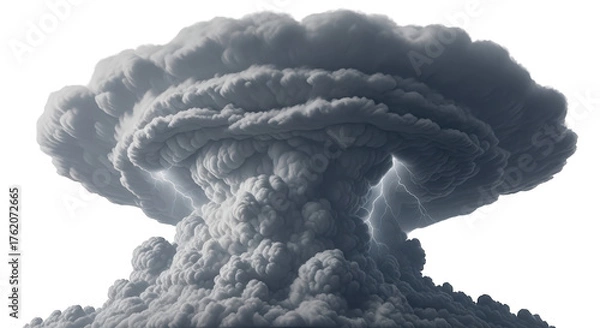 Fototapeta Massive mushroom cloud explosion with lightning strikes