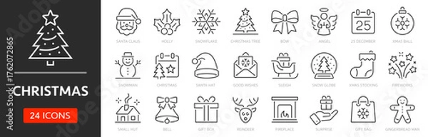 Fototapeta Christmas line icon set. Editable Stroke. Xmas, gift, santa, christmas tree, snowflake, angel, santa nat - stock vector.