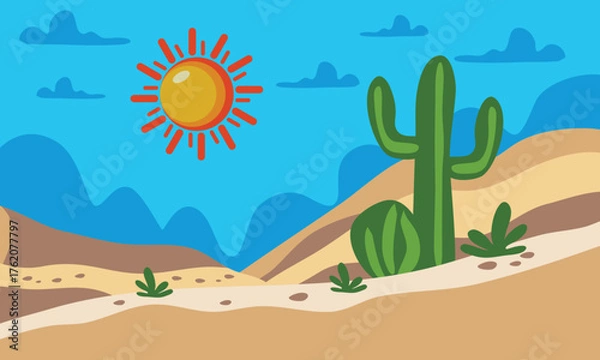 Fototapeta Silent Desert with Standing Cacti Illustration, Minimalist Desert Landscape Art with Cactus and Warm Sunset Colors