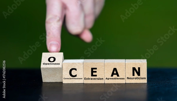 Fototapeta OCEAN personality model with Big Five traits – openness, conscientiousness, extraversion, agreeableness, and neuroticism – psychology concept for personality analysis, self-awareness, human behavior