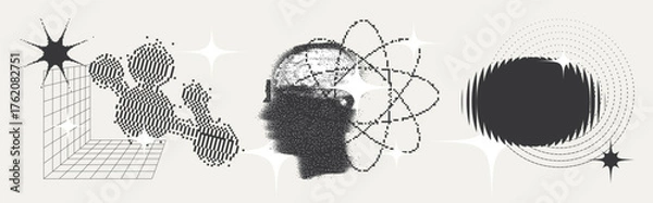 Obraz Universal Trendy Geometric Shapes Set With Vector Bitmap Dithering Texture.