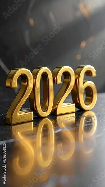 Fototapeta Golden 2026 Numbers Reflecting on a Dark Surface Symbolizing Future Hopes and Aspirations.