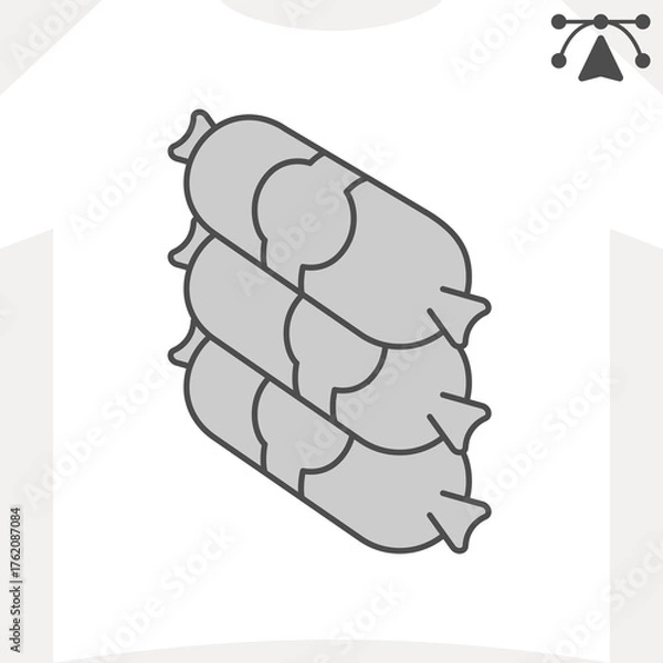 Fototapeta Sausages with label isometric icon, grocery food concept. Vector graphics. Three meat sausages sign and editable stroke, outline style icon for mobile or web design.