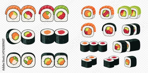 Fototapeta An illustration of various types of sushi rolls, including maki and uramaki, with different fillings and toppings.