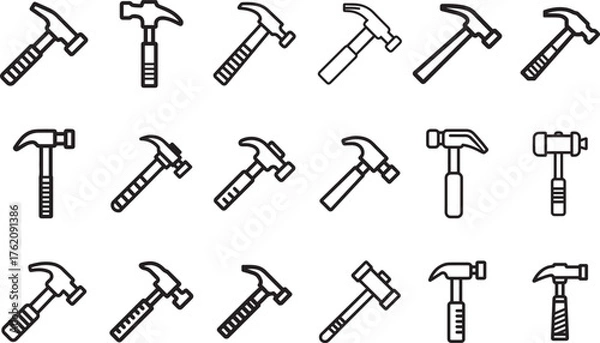 Fototapeta Line art illustration showing different types of hammers isolated on white background