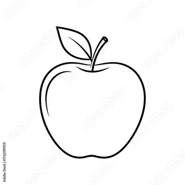 Obraz Apple Fruit with Leaf Vector Line Art Drawing, Simple Outline Icon
