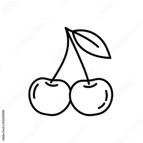 Obraz Pair of Cherries Fruit with Leaf Vector Line Art Drawing, Berries Outline Icon
