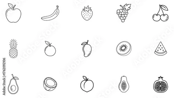 Obraz Set of 15 Fruits Vector Line Art Icons, Healthy Food Collection Outline Drawings