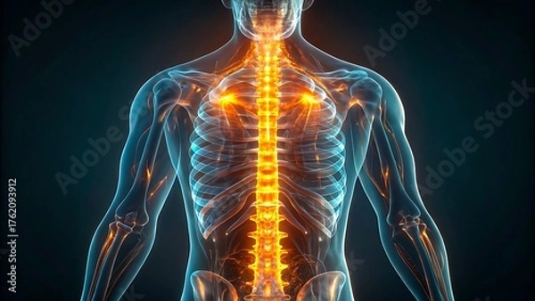 Fototapeta Human anatomy with glowing spine and nervous system highlighting spinal cord and medical science
