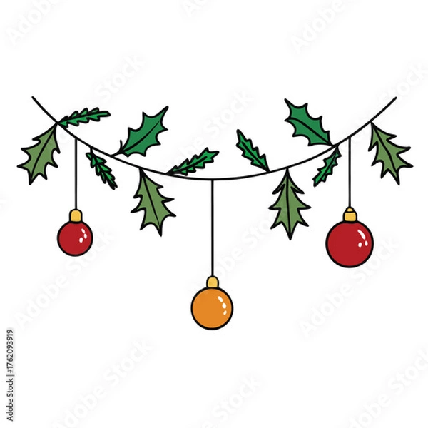 Fototapeta Christmas tree decorated with shiny red and gold baubles and festive holiday ornaments hanging on winter branches