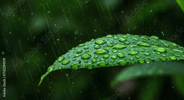 Obraz Raindrops on a Green Leaf.