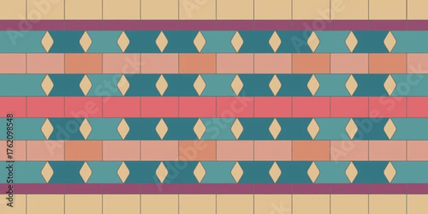 Fototapeta A colorful patterned wall with alternating rows of tiles and diamond shaped decorations along the wall