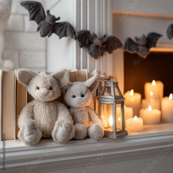 Fototapeta Cozy plush toys and candles create warmth.