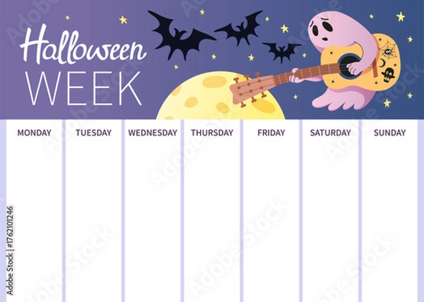 Obraz Weekly Halloween planner with blank day columns. Cute ghost with guitar, moon, bat and star on purple night sky. For print, classroom, family schedule, party plan, event note. Vector illustration.