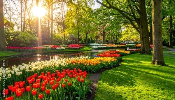 Fototapeta Vibrant Tulip Garden in Spring Sunlight - A Colorful Landscape.