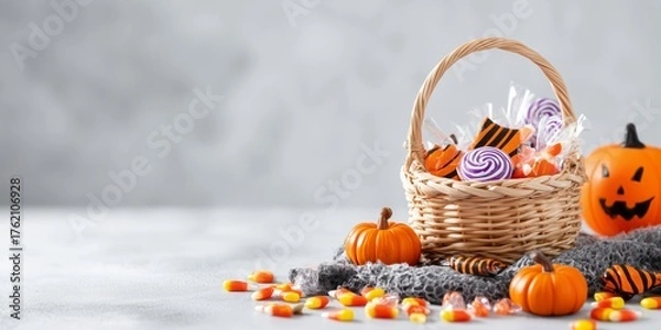 Obraz Wicker basket filled with colorful Halloween candies, surrounded by small pumpkins, candy corn, and festive decorations on a gray background, creating a bright and cheerful holiday scene.
