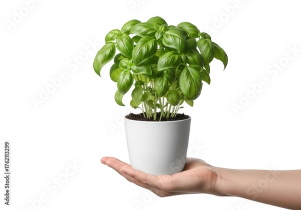 Fototapeta Fresh basil plant in pot held in hand isolated on transparent background