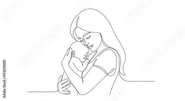 Fototapeta Continuous line drawing of a mother holding her baby in a loving embrace in a minimalist style art