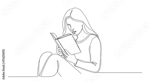 Fototapeta A simple line drawing of a woman sitting and reading a book with long hair and a relaxed posture view