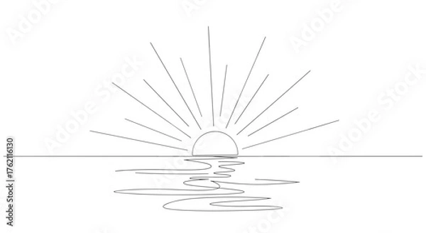 Fototapeta A minimalistic line drawing of a sunrise or sunset over water with light rays emanating upward