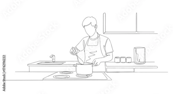 Fototapeta A person in an apron stirs a pot on a stove in a kitchen with cabinets and a sink in a line drawing style