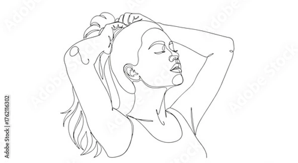 Fototapeta Line art of woman with hands in hair, eyes closed, wearing a tank top, in a minimalist black and white style