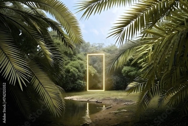 Fototapeta Surreal Tropical Jungle Scene with Glowing Neon Rectangular Portal Frame by Reflective Pond