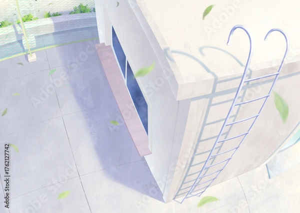 Obraz テキストを乗せやすい余白のある背景_学校の屋上、木の葉あり