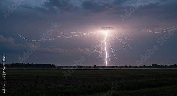 Fototapeta Lightning strike over dark landscape dramatic sky dramatic weather