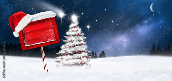 Obraz Weihnachtskarte mit Rotem Schild und Weihanchtsbaum