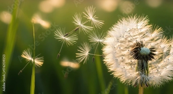 Fototapeta Dandelion clock in a field with the soft sunlight and green background
