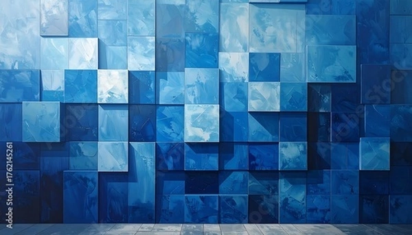 Fototapeta Abstract textured wall of blue squares, light to dark shades, with wood flooring below, creating depth and shadow