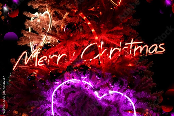Obraz Night Christmas background with neon lights and Merry Christmas inscription, selective focus